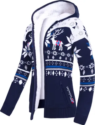 Produktbild von Nebulus Norweger Jacke Hoody mit Teddyfell NORON Damen, mit Kapuze, schicker Pullover im Norweger-Style, P6406 - Damen, navy-weiß, M/38
