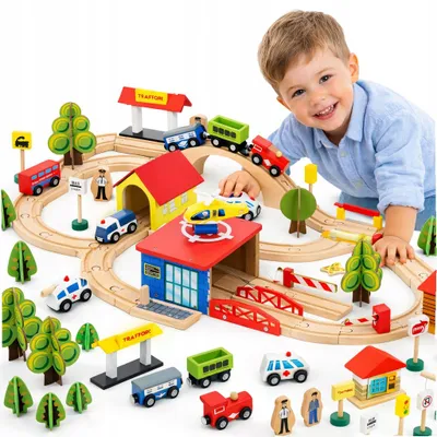 Image de Ramiz Ensemble Train Ville Hélicoptère Jouet Éducatif en Bois
