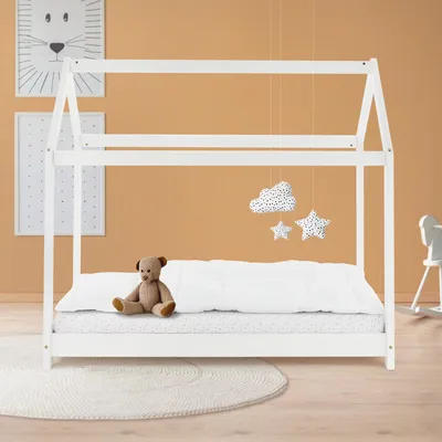 Obrázek produktu pro ML-Design dětská postel 70x140 cm se stříškou a lamelovým roštem, bílá, domeček postel z masivního borovicového dřeva podlahová postel dřevěná postel postel pro mladé postel hrací stan