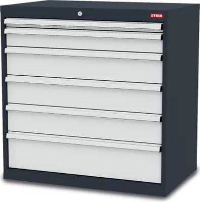 Produktbild von STIER Schubladenschrank mit 6 Schubladen, BxTxH 900x575x920 mm, Gesamttragkraft 1000kg, Blendenhöhen 50 bis 200 mm