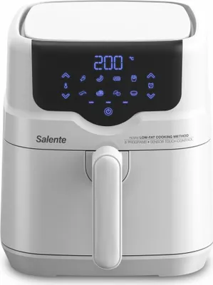 A white Salente HotAir air fryer is shown from the front, with its digital display illuminated.