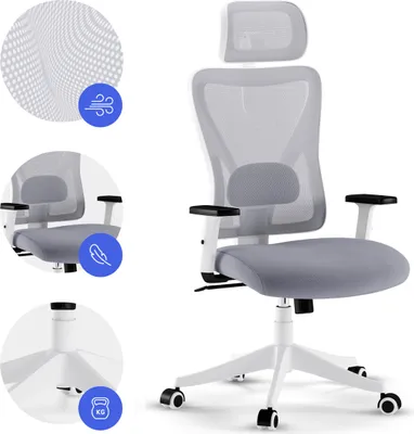 A white and gray ergonomic office chair with various callouts highlighting its features.