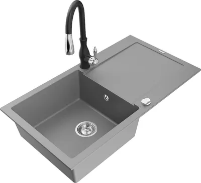 Produktbild von Mexen Leo 1 Becken-Granitspüle mit Abtropffläche und Mischbatterie Savita, Grau - 6501-71-672601-70