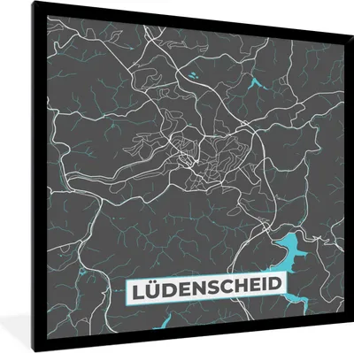 Produktbild von MuchoWow® Gerahmtes Poster Karte - Lüdenscheid - Blau - Stadtplan - Deutschland 40x40 cm - Poster mit Schwarzem Bilderrahmen Wandposter Rahmen Foto Bilder - Mit Rahmen - Wanddekoration Schlafzimmer