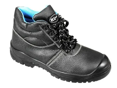 A black work boot with blue lining and white stitching, shown against a white background.