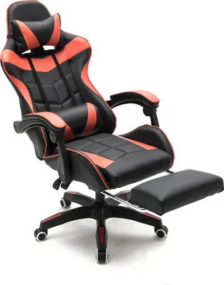 A gaming chair with a footrest is shown against a white background.