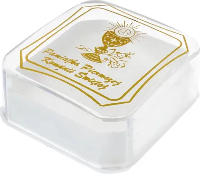 Produktbild von Transparente Kommunion-Rosenkranzdose mit edlem Golddruck