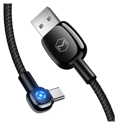 Obrázek produktu pro Mcdodo 90 stupňů 1M Micro-USB úhlová zástrčka s funkcí automatického vypnutí 2A nabíjecí kabel s LED světlem rychlý nylon černý