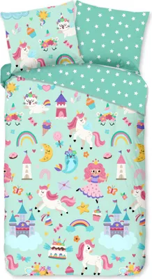 Produktbild von Good Morning Kinderbettwäsche "Einhorn, prinses, Regenbogen" - Mint - (140x200/220 cm) - Baumwolle