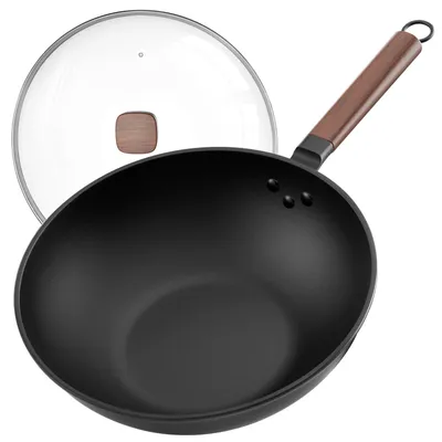 Wok 33 cm Kohlenstoffstahl mit Glasdeckel, induktionsgeeignet