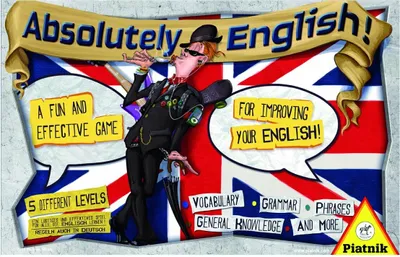 A cartoon character in a suit and hat is depicted against a backdrop of the Union Jack flag, promoting an English learning game.
