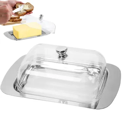 Produktbild von Butterdose mit Deckel – Edelstahl Butterbehälter – mit Griff – Frischhaltebox – Butteraufbewahrung – Transparent – Für Butter, Käse, Kuchen & Desserts