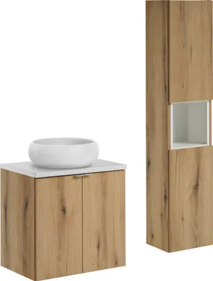 Produktbild von Badezimmerschrank 60 Cm Mit Sockelwaschbecken Und Sockel In Eiche + Weiß Matt