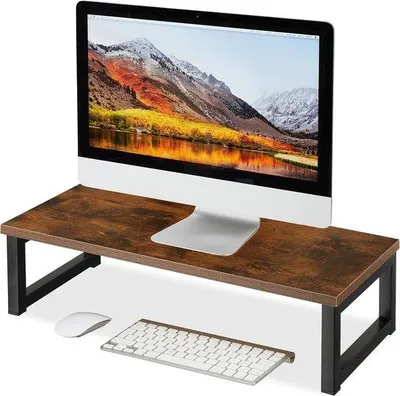 Obrázek produktu pro Stojan na monitor do kanceláře – 15 x 55 cm – průmyslový design – hnědý/černý
