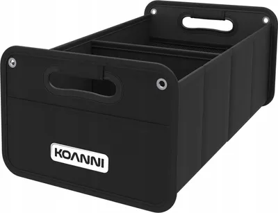 A black car trunk organizer with multiple compartments and handles, shown from a slightly elevated front-left angle against a white background.