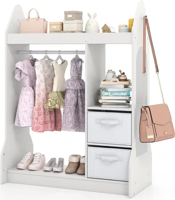 Immagine prodotto di Armadio per bambini COSTWAY 81x38x107 cm con specchio, armadio per bambini con appendiabiti, 2 cassetti in tessuto e ganci, armadio per bambini in legno, bianco