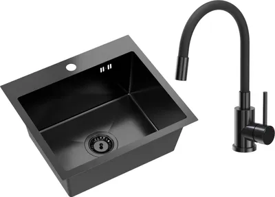 Produktbild von VBChome Edelstahlspüle mit Armatur 50 x 45 cm Schwarz Edelstahl Einbauspüle mit Hahnloch Edelstahl Küchenspüle Spüle Groß Becken Ablaufgarnitur Siphon Edelstahlspüle Schwarz mit Armatur