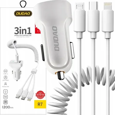 Immagine prodotto di Dudao Caricabatterie da auto Set 2X Usb 2.4A + Cavo Usb 3W1 Lightning / Tipo C / Micro Usb Bianco (R7 Bianco)