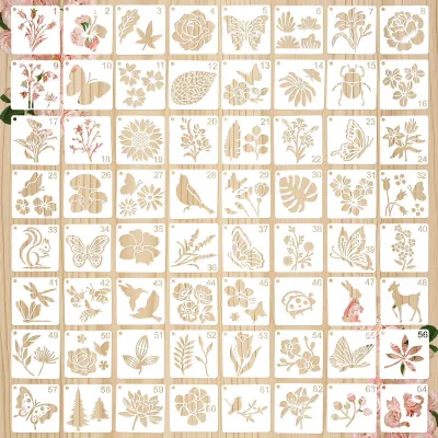 Immagine prodotto di 64 modelli di fiori per decorazioni murali, stencil riutilizzabili per decorazioni (7,6 x 7,6 cm)