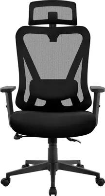 Produktbild von Yaheetech Bürostuhl Ergonomisch, Schreibtischstuhl mit Verstellbarer Kopfstütze, Armlehnen, Lendenwirbelstütze, Höhenverstellbar, Chefsessel aus Mesh, Drehstuhl Wippfunktion, Rückenschonend Schwarz