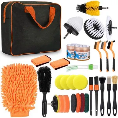 Image de Kit de nettoyage pour voiture, 31 pièces, produits de nettoyage pour l'intérieur et l'extérieur, brosse de précision, noir