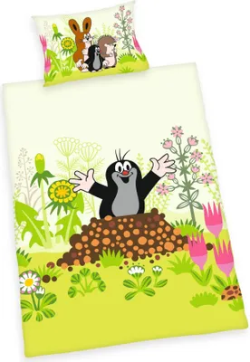 A duvet cover and pillowcase set featuring cartoon characters in a garden setting.