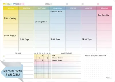 Produktbild von Whiteboard Wochenplaner abwischbar A4  – Selbstklebender Planer 30 x 21 cm | Kalender mit To-Do Liste & Habit Tracker | Wiederverwendbarer Wochenplaner für Wand & Kühlschrank