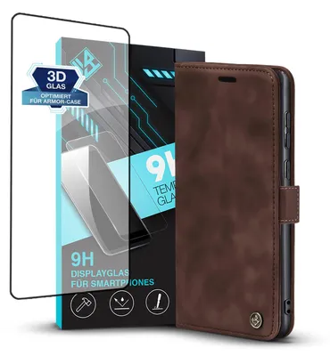 Produktbild von Handy Hülle für Samsung Galaxy S24 Ultra mit 9H Displayglas Klapphülle Bookcase Flip Cover Handy Tasche Etui Farbe: Dunkelbraun