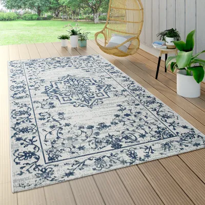 Immagine prodotto di Tappeto da esterno resistente alle intemperie Balcone Cucina Motivi orientali Ornamenti Crema Blu Grigio Dimensioni 80x150 cm