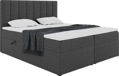 Produktbild von MEBLINI Boxspringbett mit Bettkasten - Gepolstert Doppelbett mit Matratze und Topper - Polsterbett mit Stauraum - Bett mit Kopfteil - Stauraumbett - ERLING - 180x200 - H3/Dunkelgrau Webstoff