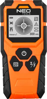 Obrázok produktu pre Detektor NEO TOOLS s displejom 3 v 1, maximálna hĺbka skenovania: železné kovy 100 mm, neželezné kovy 80 mm, vodiče pod napätím 50 mm, drevo 20 mm, batéria 1 x 9V, IP 54 , zabudovaný akustický signál