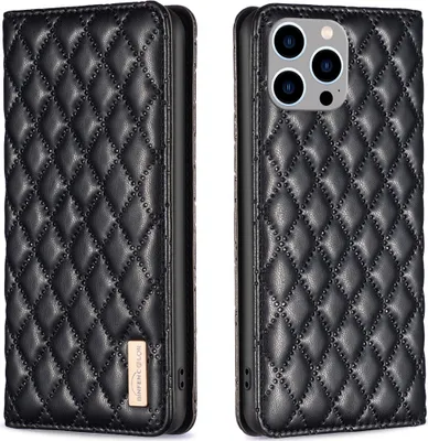 Obrázek produktu pro Kožené pouzdro na iPhone 15 Pro, Elegantní Flip Kožené Pouzdro s Kapsami na Karty a Stojánkem černé