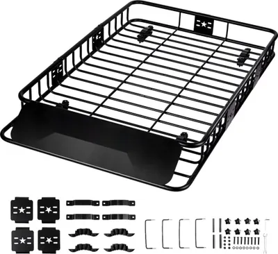 Produktbild von Dachgepäckträger Korb Auto - Universaler Dachkorb 1630 x 990 x 152 mm - Dachgepäckträger Wanne mit 90 kg Tragfähigkeit - Relingträger Fracht Gepäckablage Schwarz - Ideal für Camping, Grillen und Autoreisen