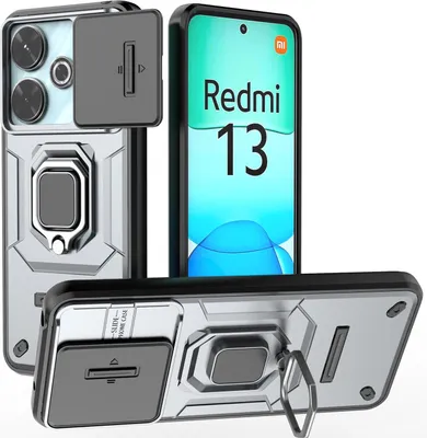 Produktbild von Hülle für Xiaomi Redmi 13 Dual Layer Handyhülle Schiebe Kamera Schutz und Ringhalter Ständer Grau