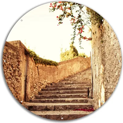 Produktbild von Wallario rundes Outdoor-Poster für Garten oder Balkon, Motiv Steinerne Treppe in Italien, 60 cm Durchmesser