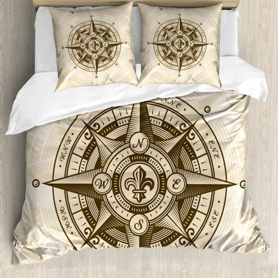 Produktbild von ABAKUHAUS Kompass Bettbezug Set, Vintage nautischthemenorientiertes Grafik der Gravur-Stil gezeichnet Windrose, 155 x 220 cm + 80 x 80 cm, Eischale Dunkler Kakao
