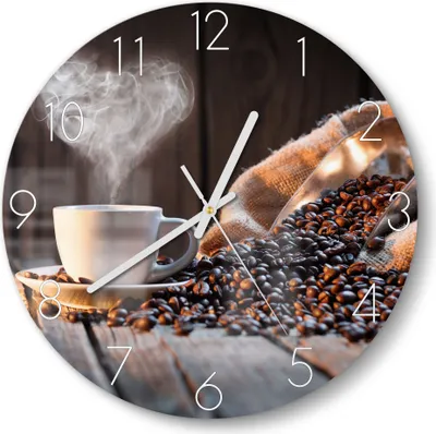 Produktbild von DEQORI Glasuhr Ø30 cm Zahlen 'Rustikale Kaffeeliebe' Wanduhr Glas Uhr Design leise