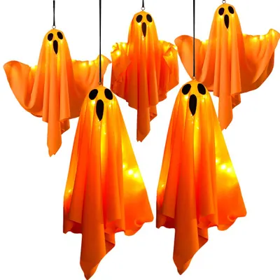 Image de 5pcs Décoration Halloween Extérieur, 50cm Sac à vent Fantôme Suspendu Avec Guirlande Lumineuse, LED Scream Fantôme Volant Noël Jardin Fête Décoration