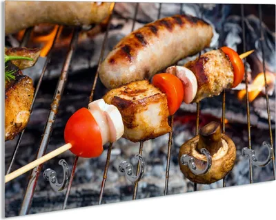 Produktbild von Wallario Handtuchhalter aus Glas, Motiv: Schaschlik und Würste auf einem Grill, 30 x 20 cm mit 4 Haken