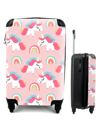 Produktbild von MuchoWow® Koffer Handgepäck Trolley Rollkoffer Kleine Reisekoffer mit 4 Rollen - Einhorn - Regenbogen - Rosa - Muster - Cabin Size < 55x40x23 cm & 55x40x20 cm - Fotokoffer - Kabinenkoffer - Boardgepäck - Reise-Box - Reisekoffer - Reisegepäck - Koffer mit Bild - Trolley für Kinder