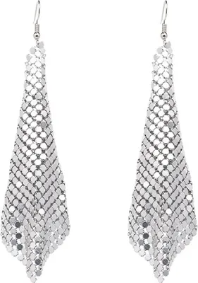 Produktbild von Damen-Ohrringe, modisch, quadratisch, mit Pailletten, Quaste, baumelnd, Statement-Schmuck, Geschenk-Silber