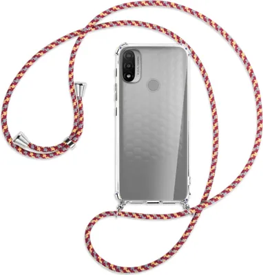 Produktbild von Handykette Backcover-Schutzhülle mit Band (Metall silberfarben) für Motorola Moto E20 (XT2155) - weinrot/gelb/grau