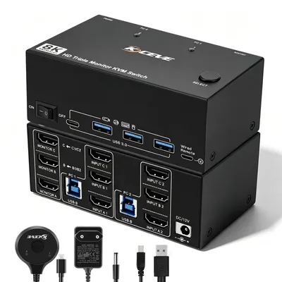 Productafbeelding van KVM-switch - USB-C en HDMI - 4K 120 Hz / 8K 60 Hz - voor 3 computers - 3 USB-poorten - om monitor en randapparatuur te delen - zwart