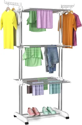 Zdjęcie produktu dla Unyqoos® - mobilna suszarka do bielizny, 4 poziomy, z kółkami - składana i oszczędzająca miejsce, 6 suszarek + 2 regulowane skrzydła, biało-szara, wykonana ze stalowych rur ocynkowanych i tworzywa PP, do użytku wewnątrz i na zewnątrz