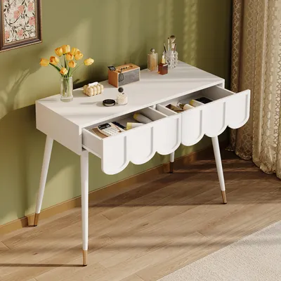 Produktbild von STILVORA Schminktisch mit 2 Schubladen und Metallfüßen, Kosmetiktisch mit platzsparendem Stauraum und multifunktionaler Nutzung, Schminkkommode als Schreibtisch für Schlafzimmer und Homeoffice, Weiß