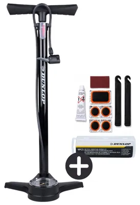 Produktbild von Dunlop Fahrradpumpe mit Manometer und Fahrrad Reparaturset 9 teilig - Fahrrad Werkzeug Set mit Flickzeug und Reifenheber - Für Presta Dunlop Schrader Ventil - Schwarz