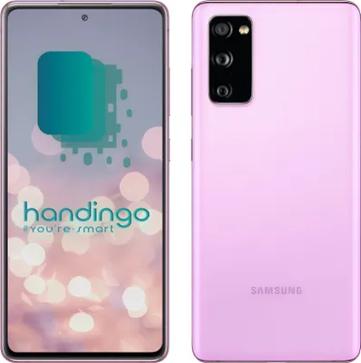 Front and back view of a pink Samsung Galaxy S20 FE 5G smartphone.