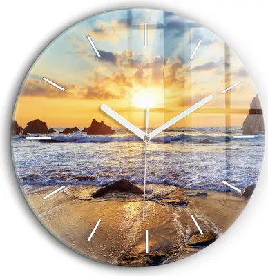 Produktbild von Wallfluent Große Wanduhr – Stilles Quarzuhrwerk - Uhr Dekoration Wohnzimmer Schlafzimmer Küche - Zifferblatt mit Striche - weiße Zeiger - 60 cm - Sonnenuntergang am Strand