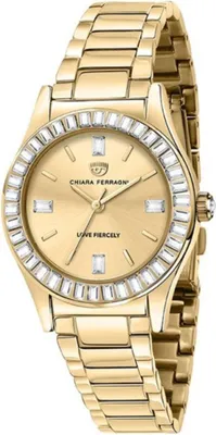 A close-up studio shot of a gold-colored women's watch with a diamond-encrusted bezel and a champagne-colored dial.