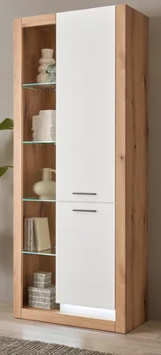 Produktbild von Vitrine "Rivian" weiß matt und Evoke Eiche Vitrinenschrank 80 x 195 cm mit LED
